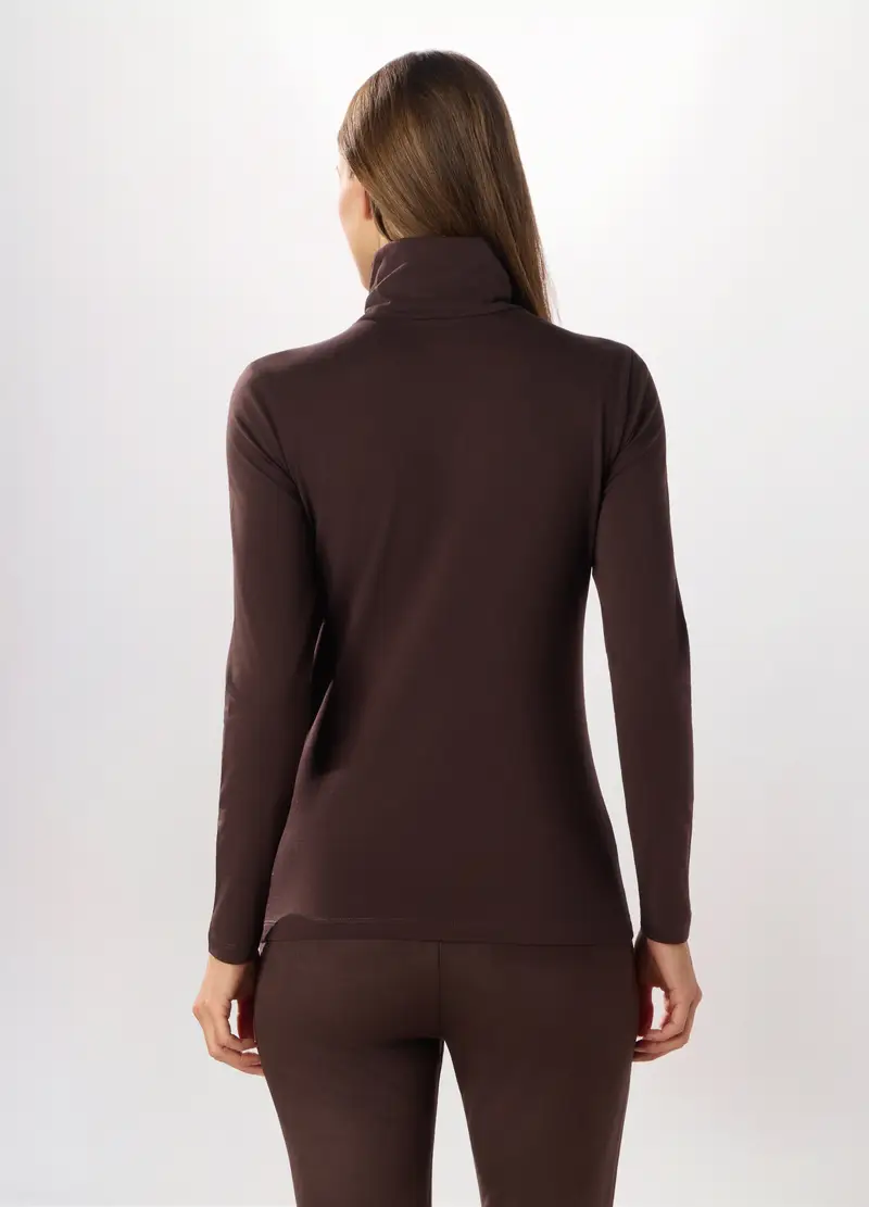 Lupetto In Jersey Di Cotone Stretch Donna, Marrone cioccolato miniatura 2