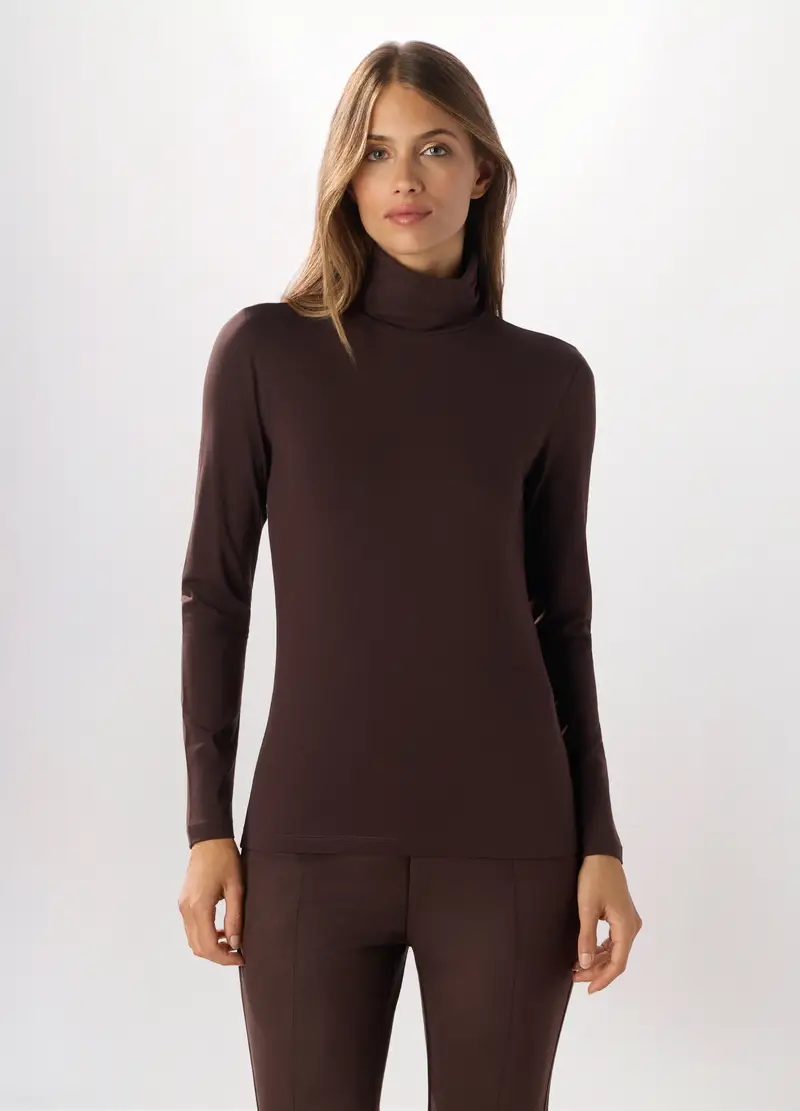 Lupetto In Jersey Di Cotone Stretch Donna, Marrone cioccolato