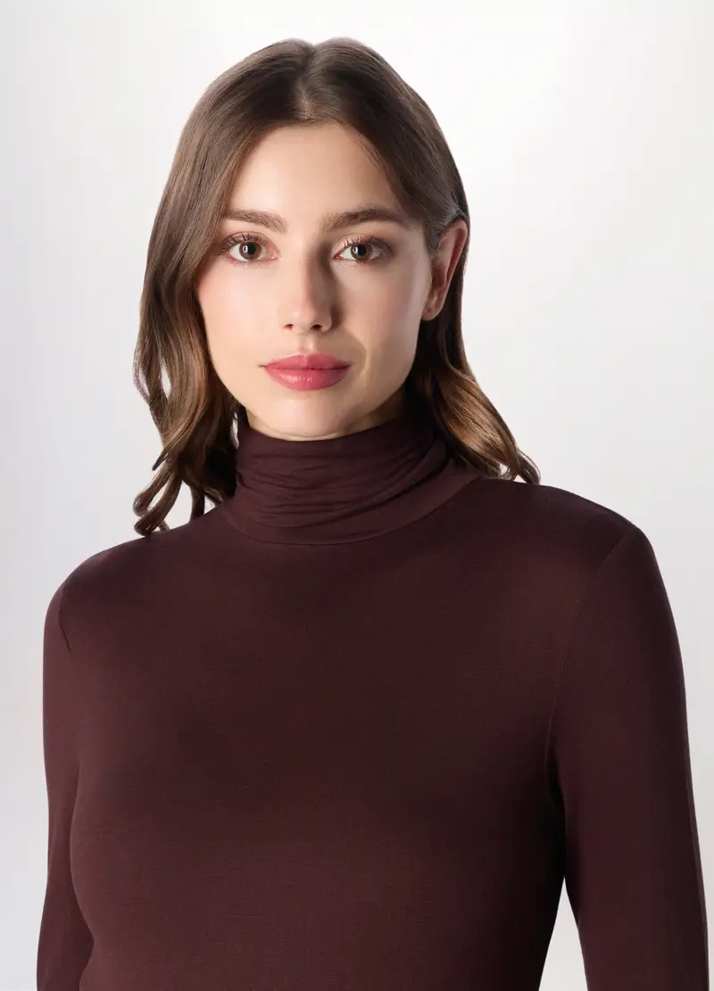 Lupetto In Viscosa Stretch Donna, Marrone cioccolato miniatura 3