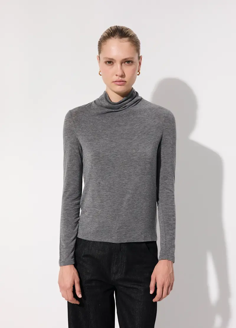 Lupetto Tricot A Maniche Lunghe In Misto Lana Donna, Unisex, Grigio melange miniatura 2