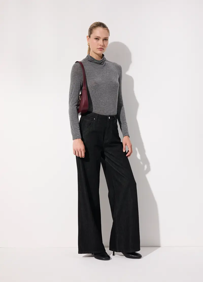 Lupetto Tricot A Maniche Lunghe In Misto Lana Donna, Unisex, Grigio melange