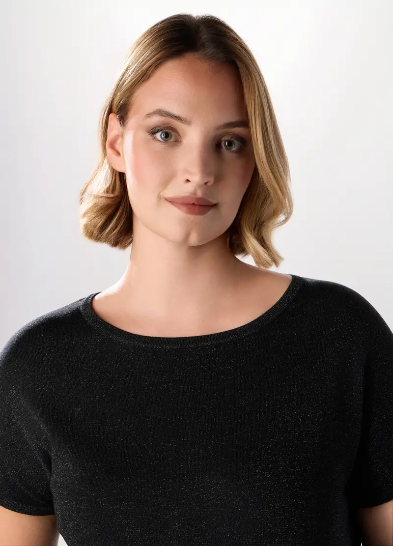 Maglia A Manica Corta In Filo Lurex Donna Curvy, Nero miniatura 3