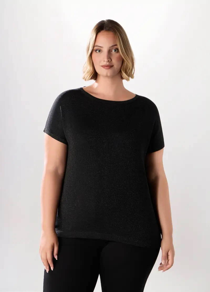 Maglia A Manica Corta In Filo Lurex Donna Curvy, Nero