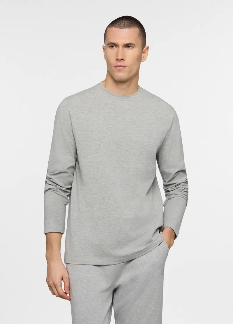 Maglia A Maniche Lunghe In Cotone Stretch, Unisex, Grigio melange