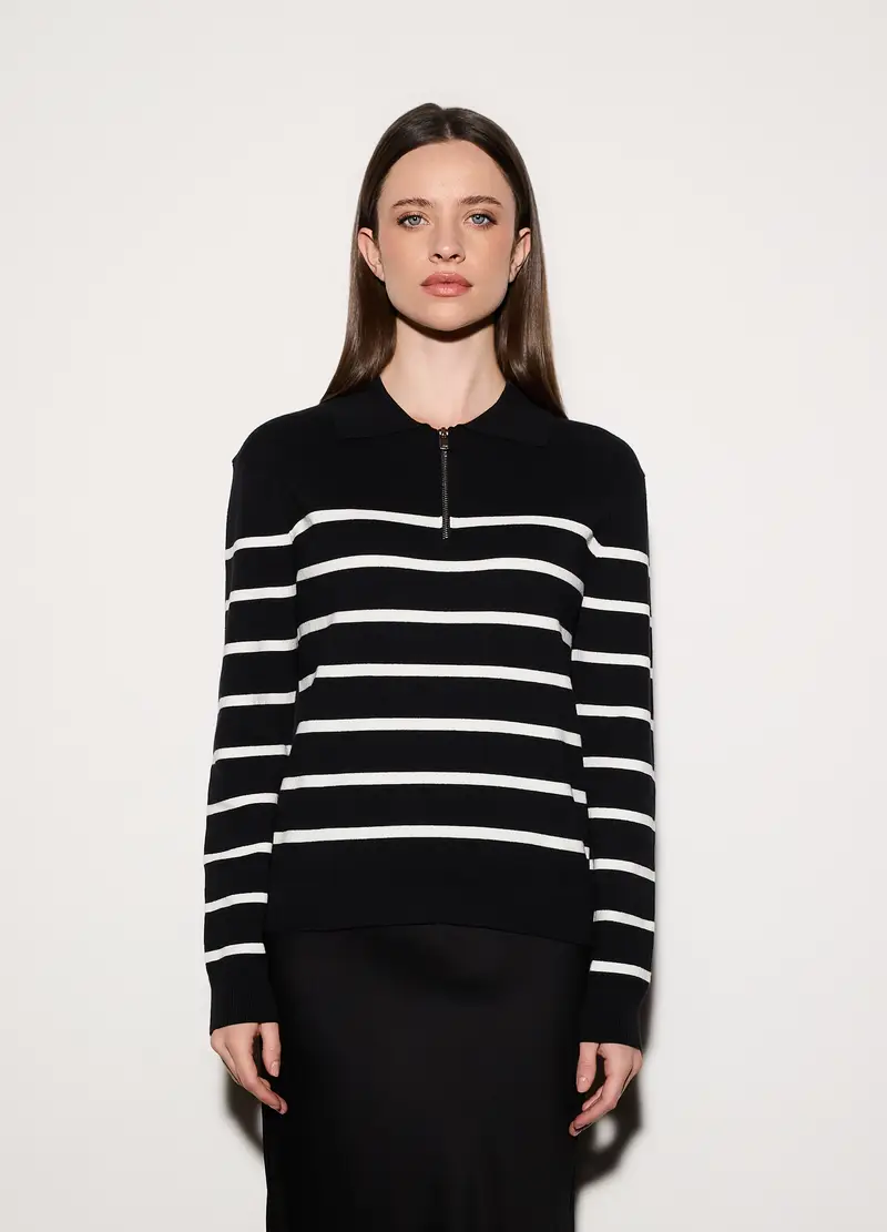 Maglia Con Colletto Classico E Zip Donna, Unisex, Nero/Bianco miniatura 2