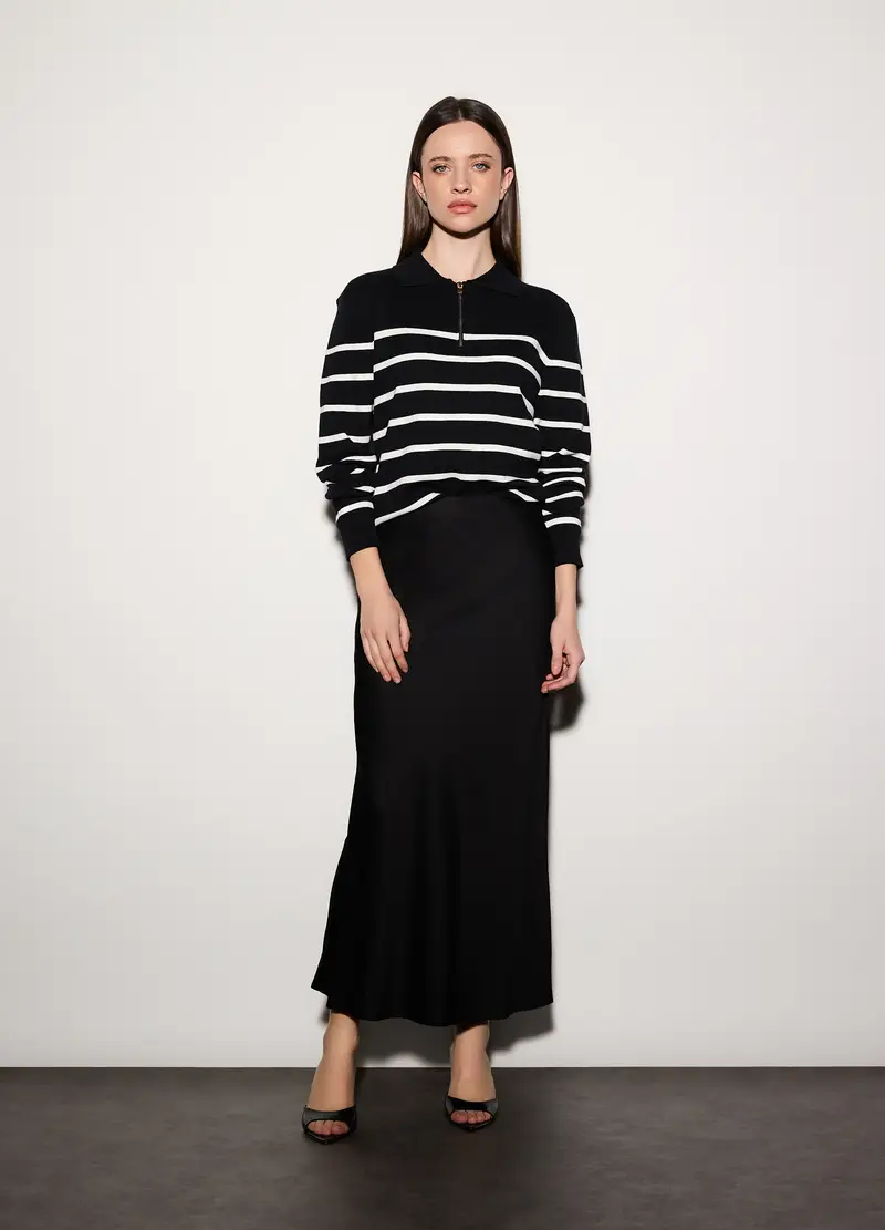 Maglia Con Colletto Classico E Zip Donna, Unisex, Nero/Bianco