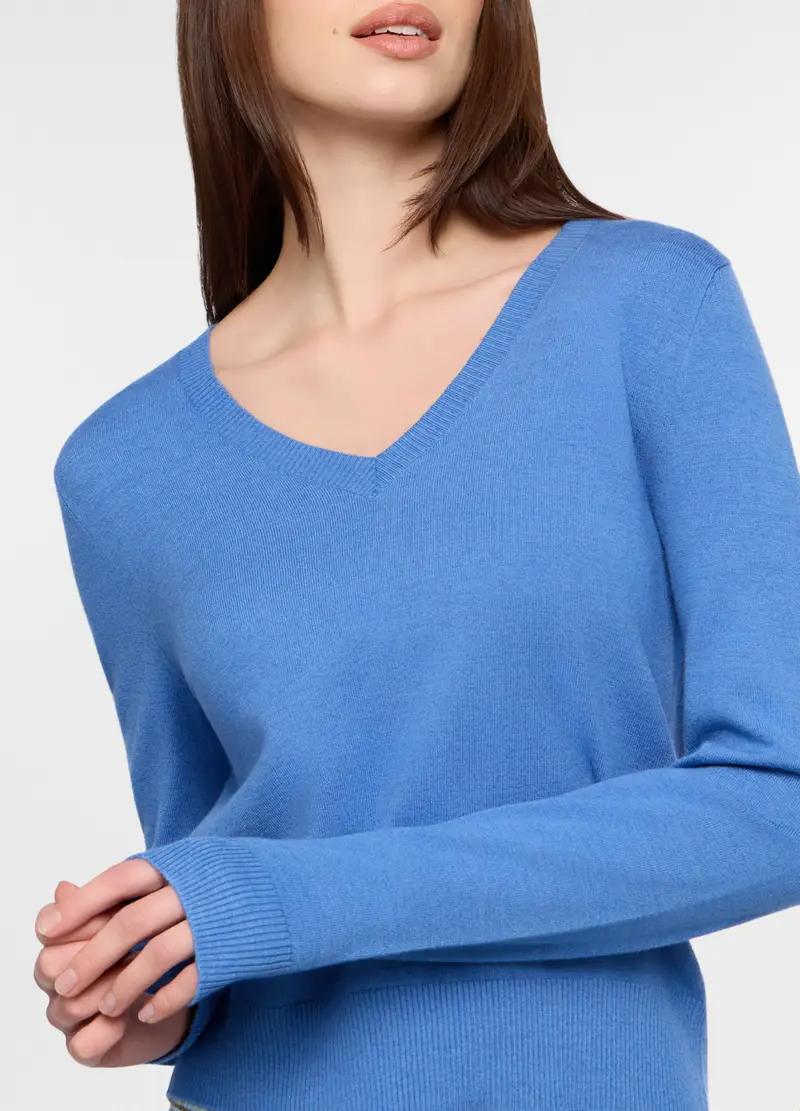 Maglia Con Scollo A V Rasata Donna, Azzurro cielo miniatura 3