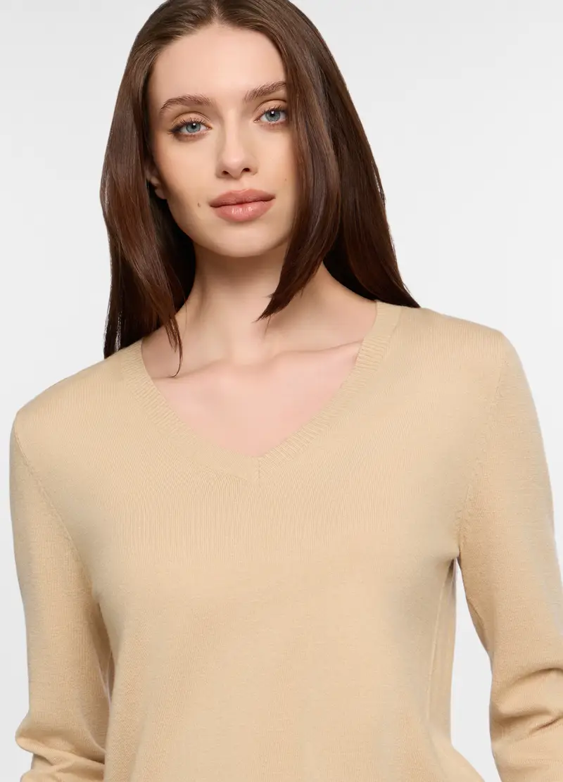 Maglia Con Scollo A V Rasata Donna, Beige chiaro miniatura 3