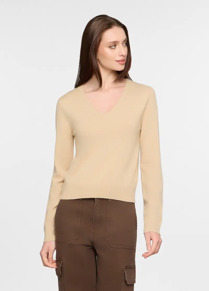 Maglia Con Scollo A V Rasata Donna, Beige chiaro