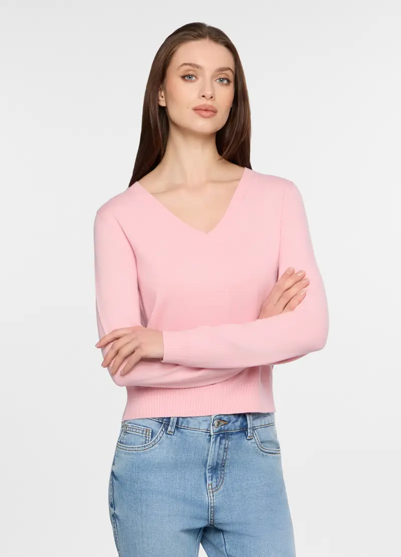 Maglia Con Scollo A V Rasata Donna, Rosa chiaro
