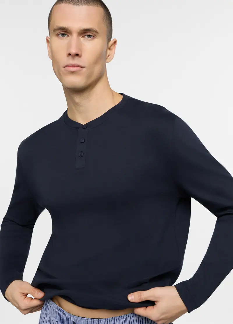 Maglia Del Pigiama A Serafino In Cotone Uomo, Blu scuro miniatura 3