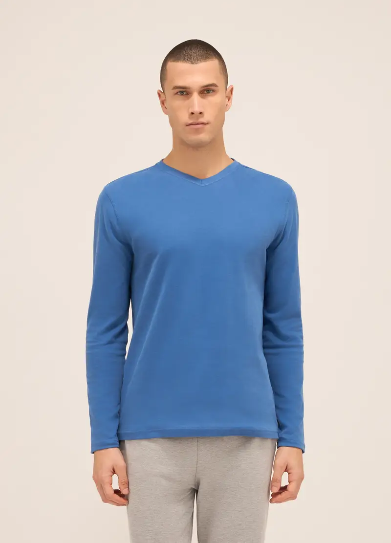 Maglia Del Pigiama Girocollo In Puro Cotone Uomo, Azzurro cielo