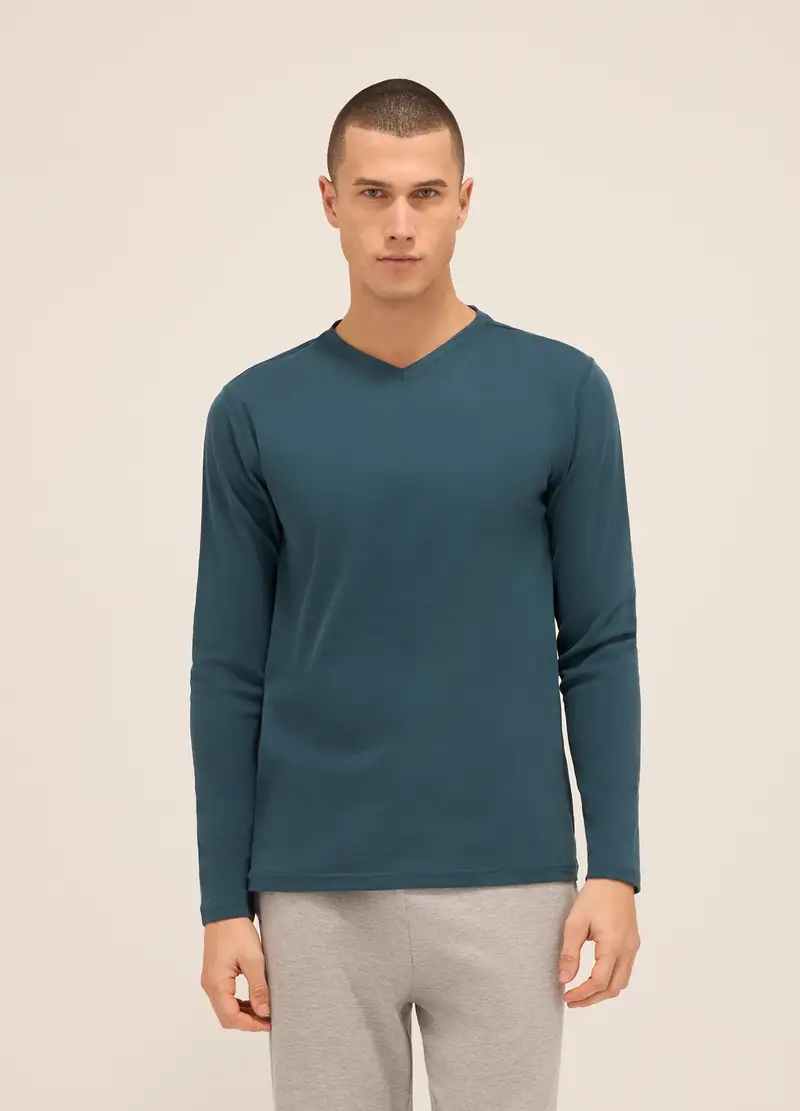 Maglia Del Pigiama Girocollo In Puro Cotone Uomo, Verde ottanio