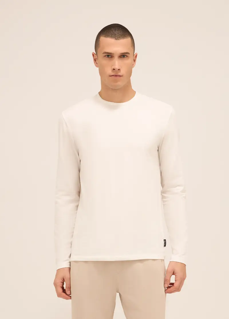 Maglia Girocollo A Maniche Lunghe In Cotone Stretch Uomo, Unisex, Bianco latte
