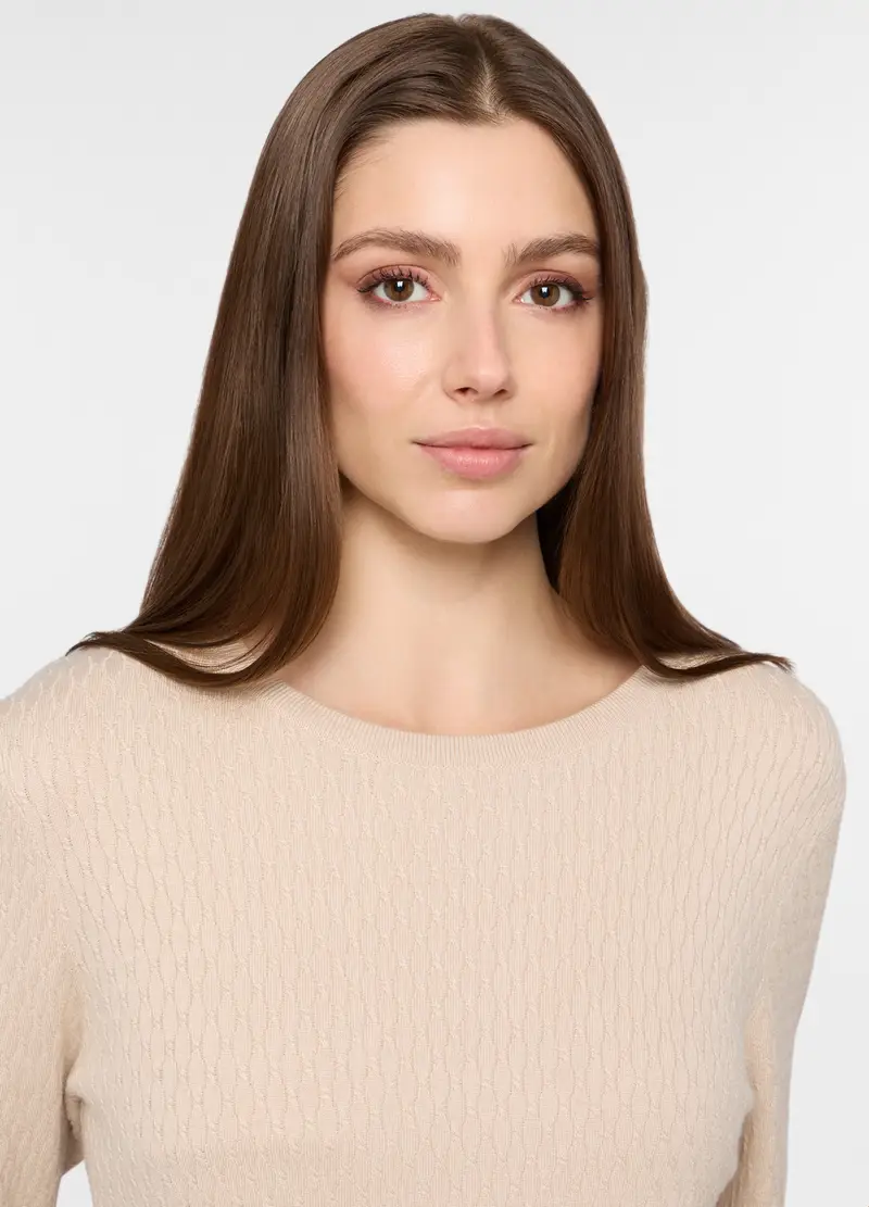 Maglia Girocollo A Treccia Donna, Bianco avorio miniatura 3