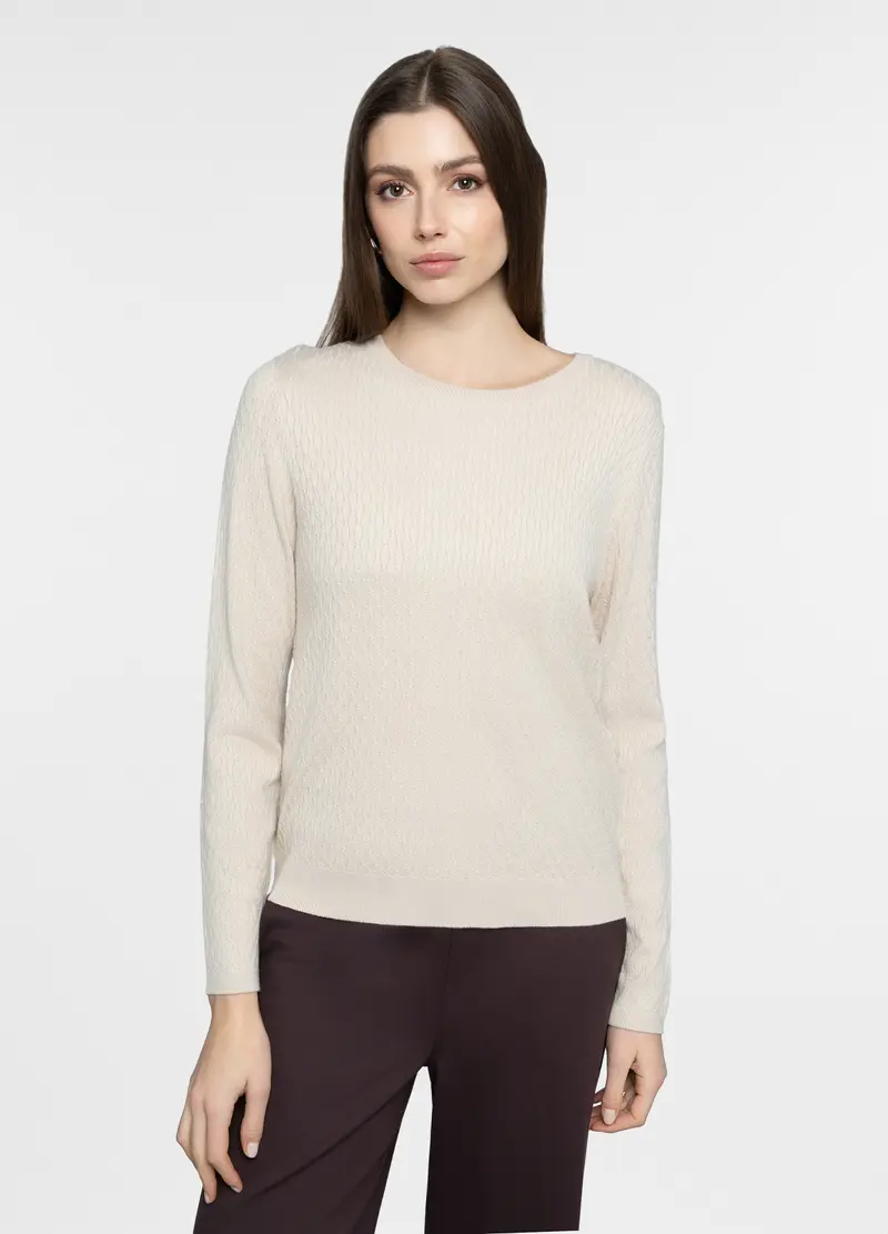 Maglia Girocollo A Treccia Donna, Bianco avorio