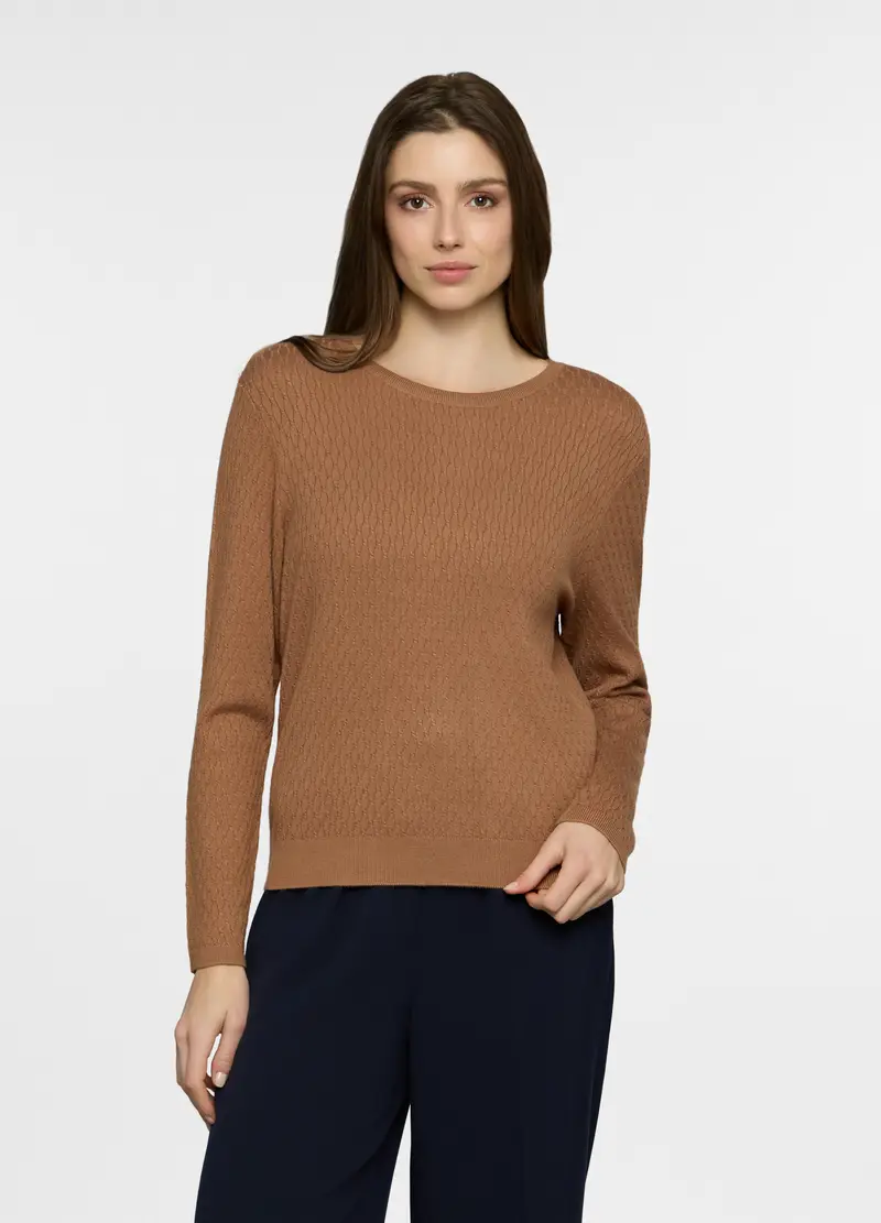 Maglia Girocollo A Treccia Donna, Marrone cioccolato