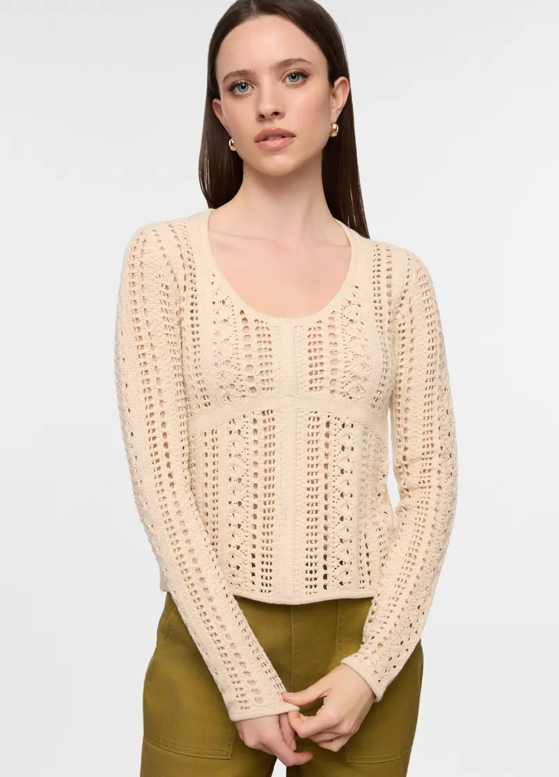 Maglia Girocollo Fitted Operata Donna, Beige chiaro miniatura 3