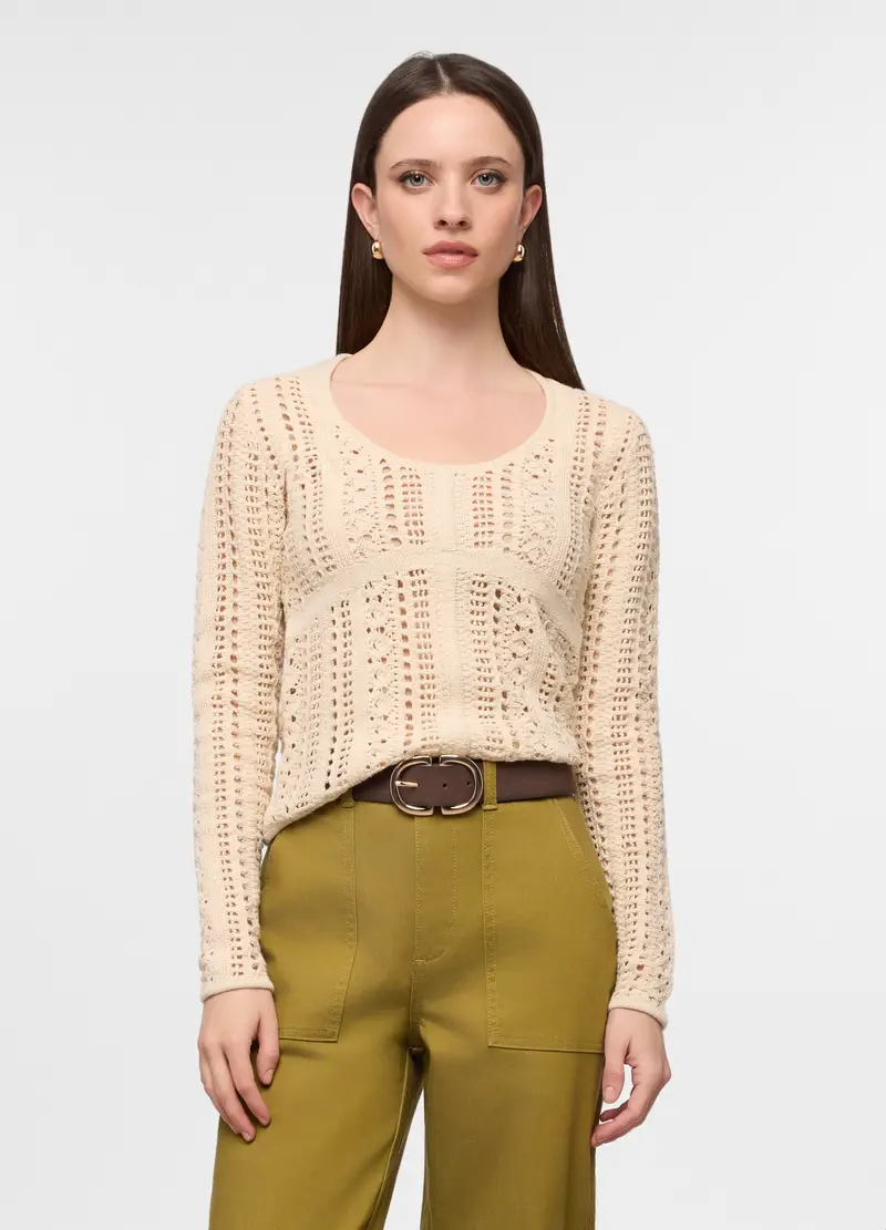 Maglia Girocollo Fitted Operata Donna, Beige chiaro