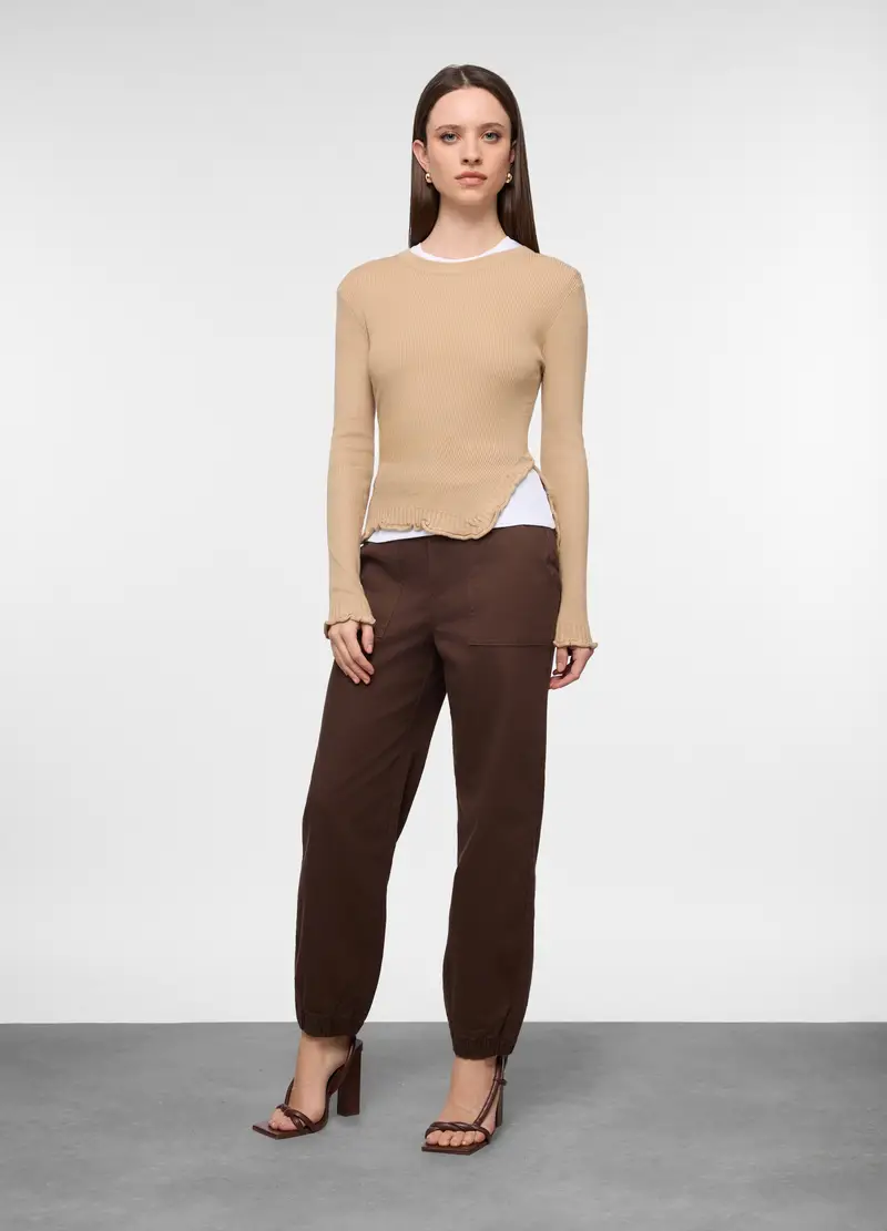 Maglia Girocollo In Costina Donna, Beige chiaro