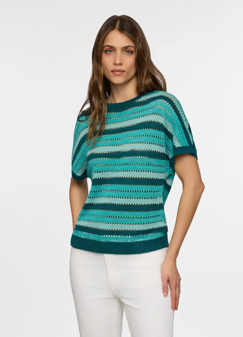 Maglia Girocollo Operata Donna, Azzurro acquamarina