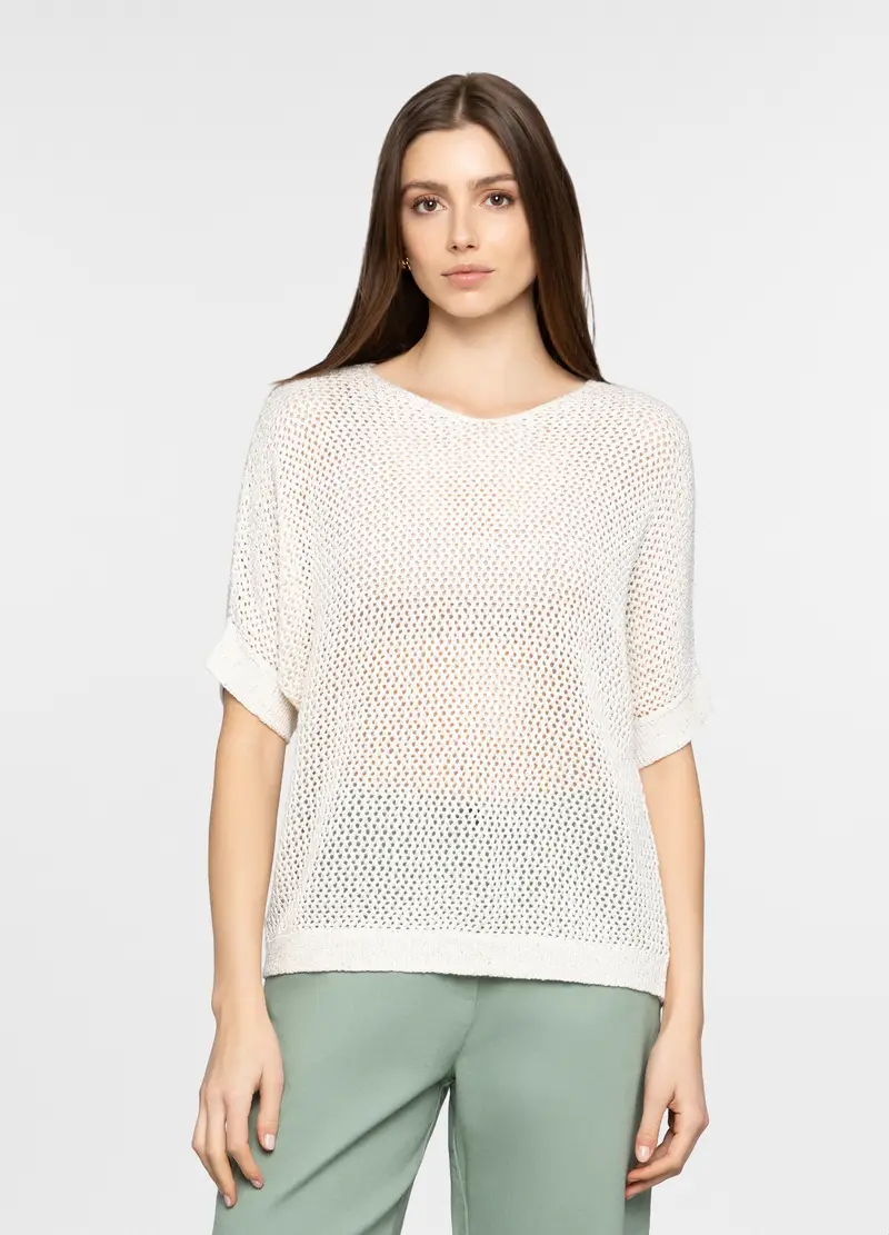 Maglia Girocollo Operata Donna, Bianco gesso