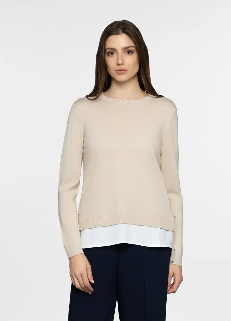 Maglia Girocollo Rasata Con Inserto Donna, Beige chiaro