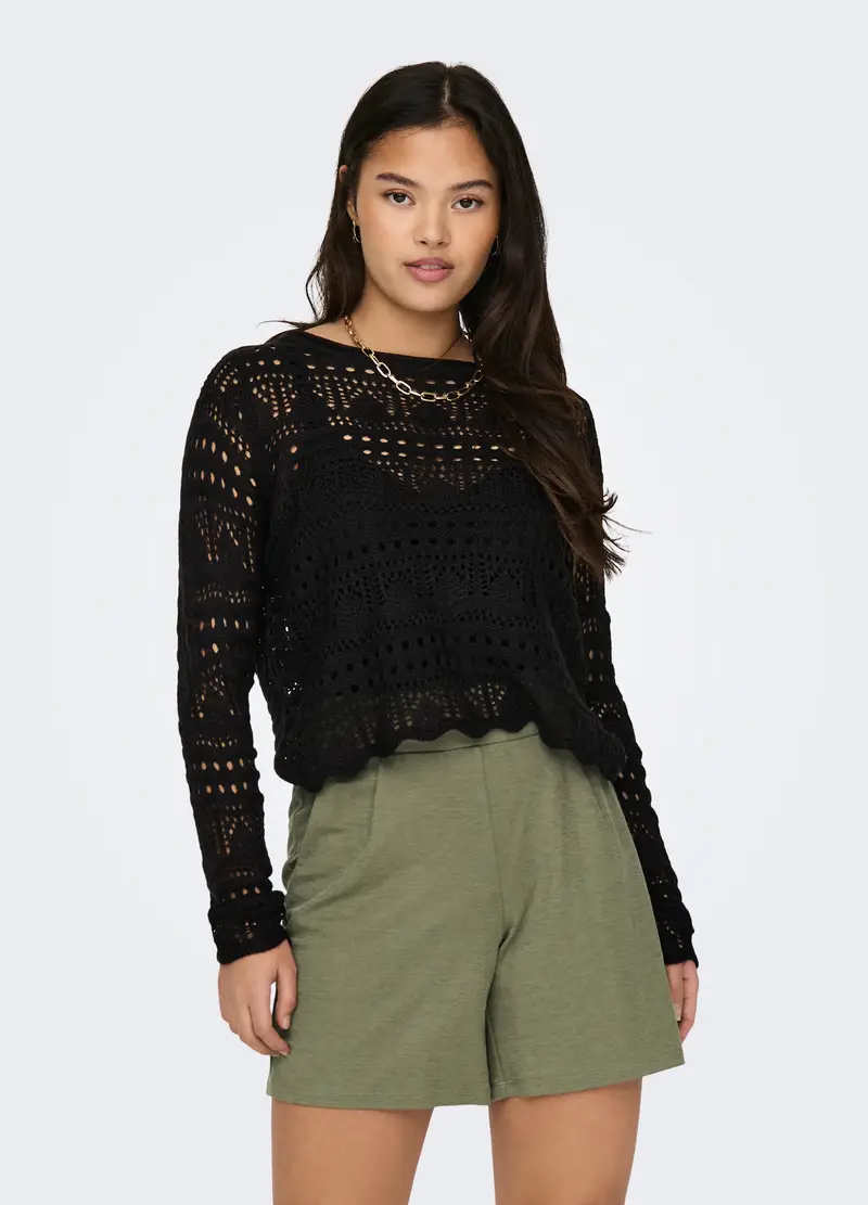 Maglia Operata Con Scollo Rotondo Donna, Nero miniatura 3