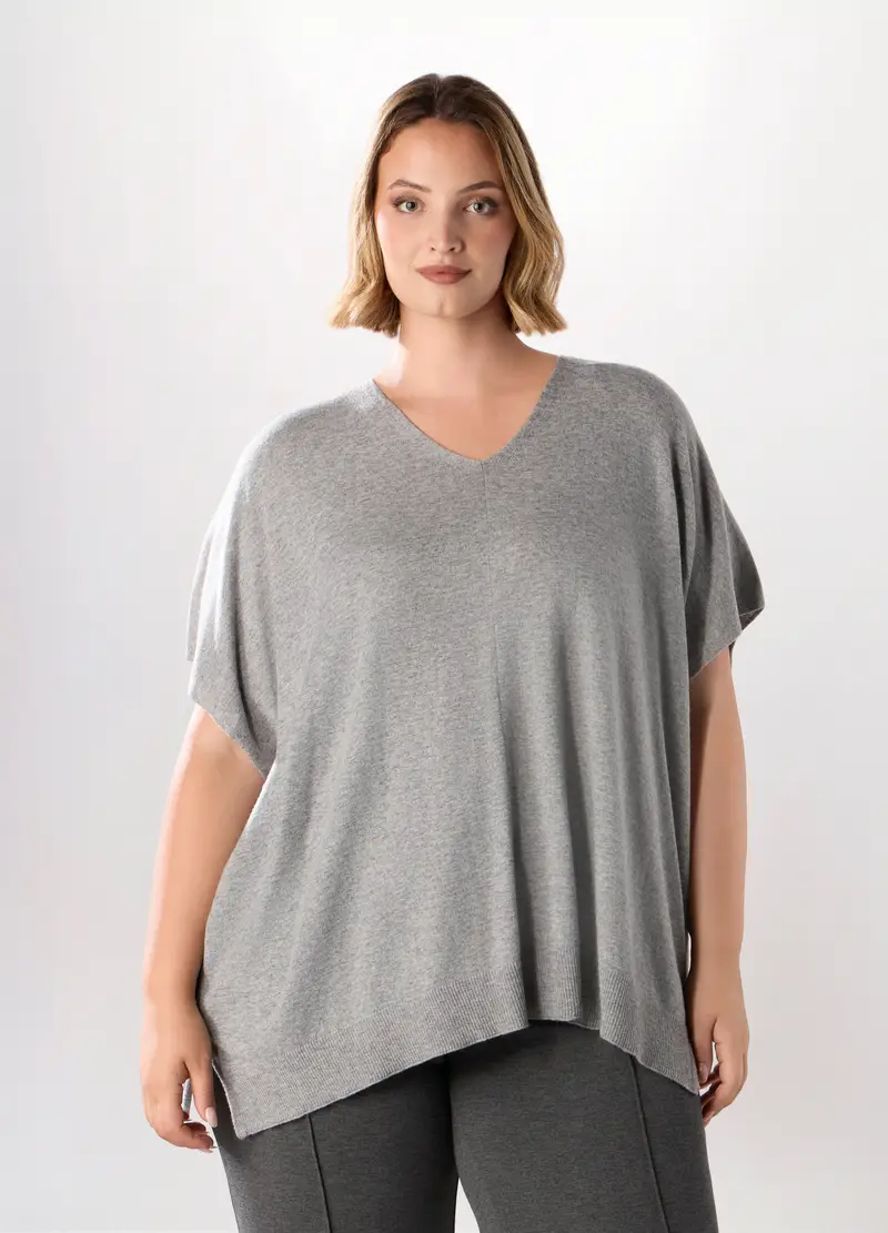 Maglia Poncho In Misto Lana Donna Curvy, Grigio melange