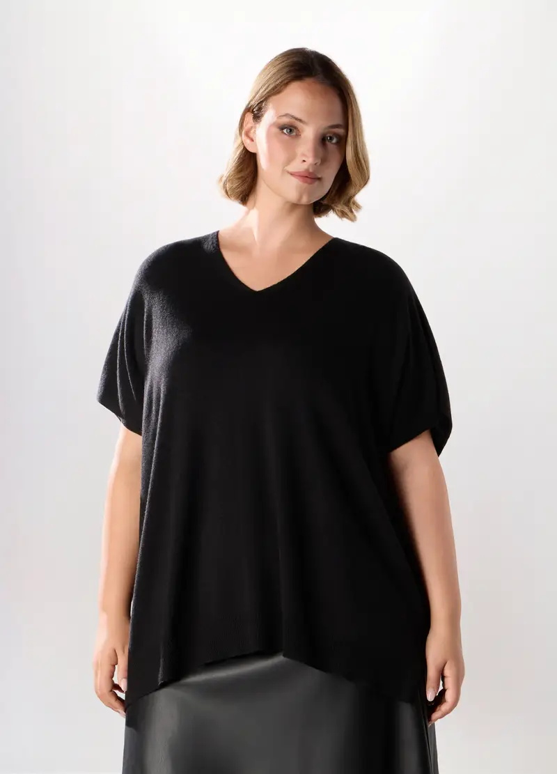 Maglia Poncho In Misto Lana Donna Curvy, Nero