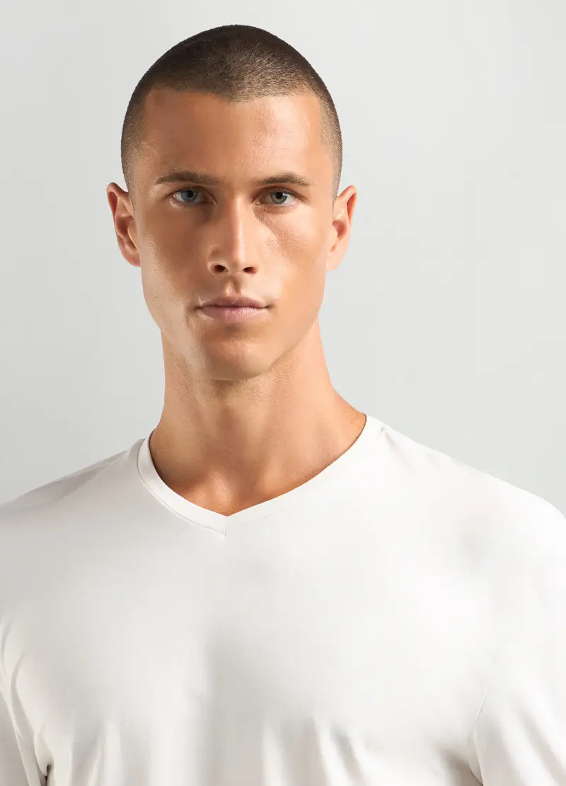 Maglia Scollo A V In Cotone Stretch Uomo, Unisex, Bianco miniatura 3