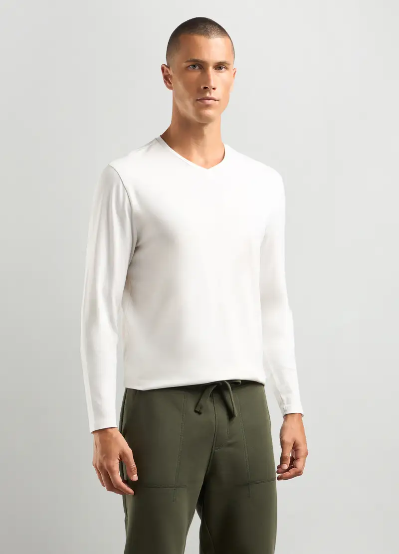 Maglia Scollo A V In Cotone Stretch Uomo, Unisex, Bianco