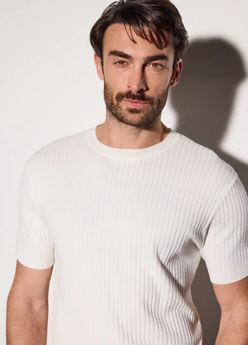 Maglietta A Maniche Corte In Cotone A Coste Uomo, Bianco miniatura 3