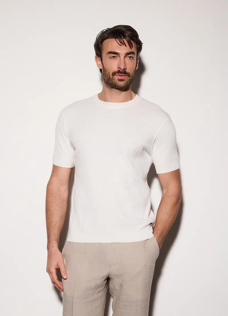 Maglietta A Maniche Corte In Cotone A Coste Uomo, Bianco