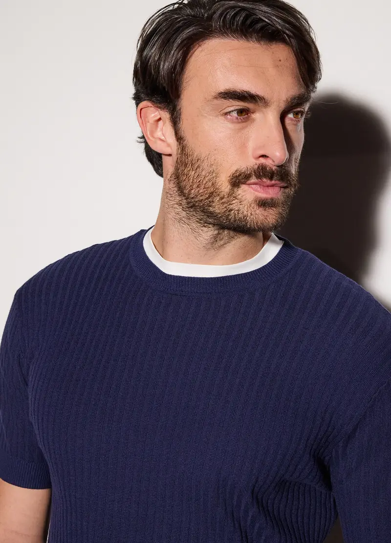 Maglietta A Maniche Corte In Cotone A Coste Uomo, Blu scuro miniatura 3