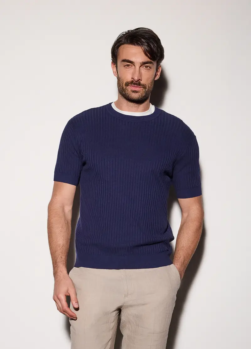 Maglietta A Maniche Corte In Cotone A Coste Uomo, Blu scuro