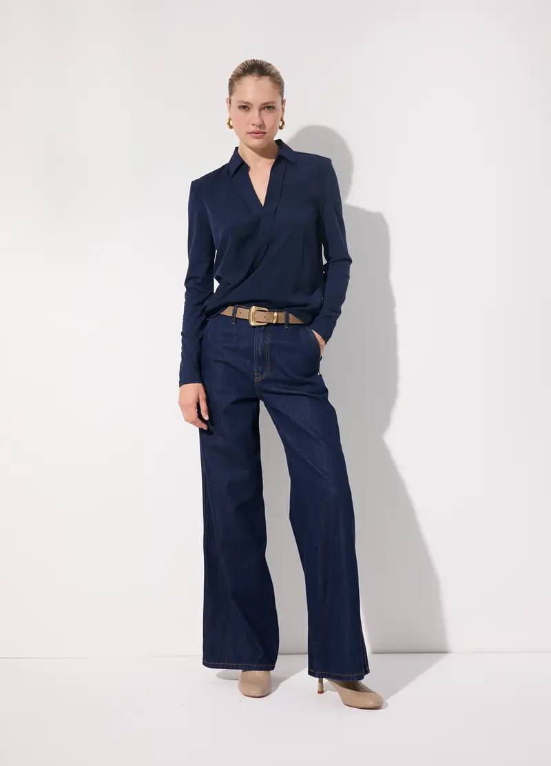 Maglietta A Maniche Lunghe In Cotone E Modal Donna, Unisex, Blu navy