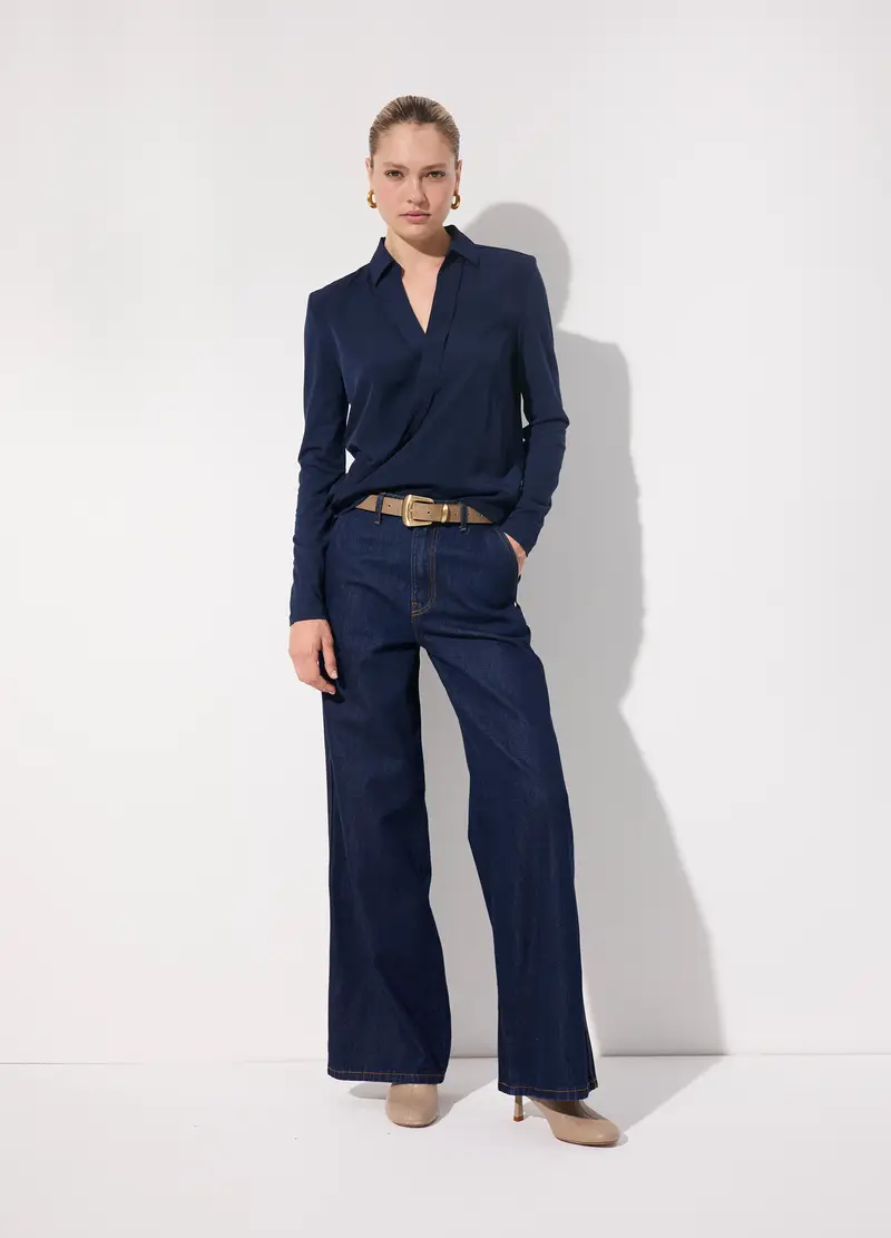 Maglietta A Maniche Lunghe In Cotone E Modal Donna, Unisex, Blu navy