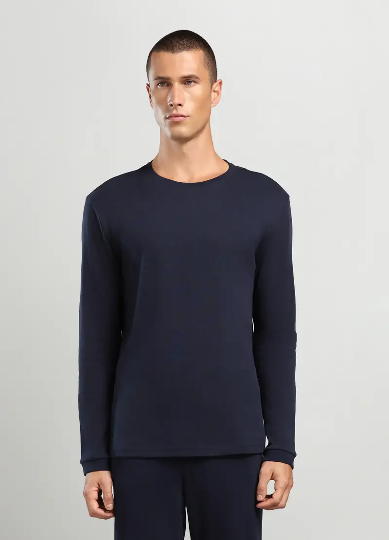 Maglietta A Maniche Lunghe In Puro Cotone Uomo, Blu scuro