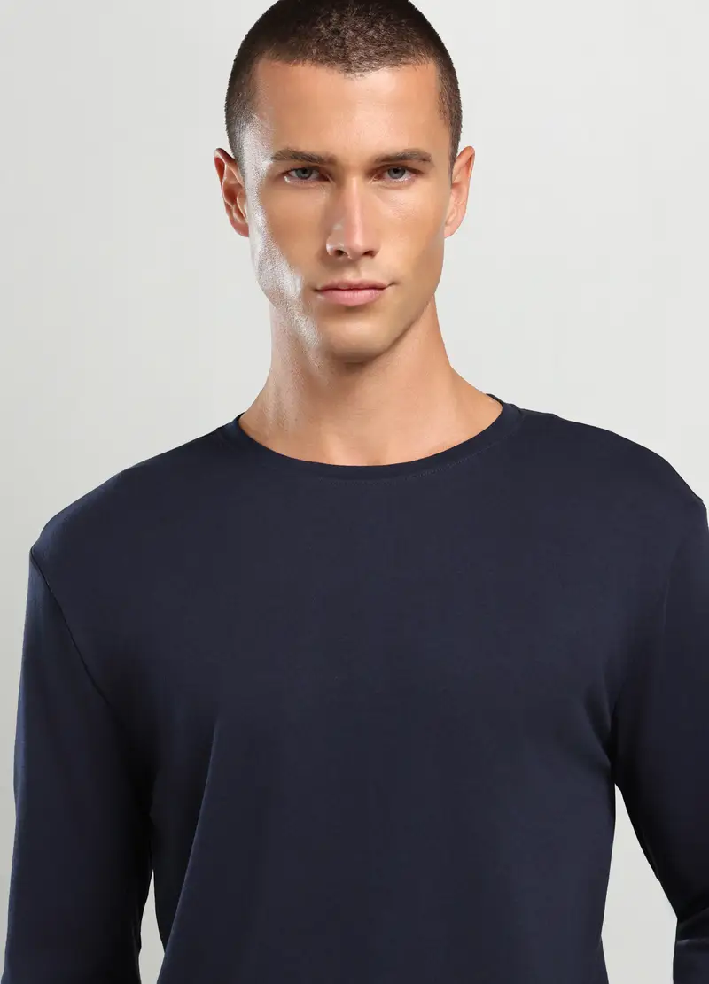 Maglietta A Maniche Lunghe In Puro Cotone Uomo, Blu scuro miniatura 3