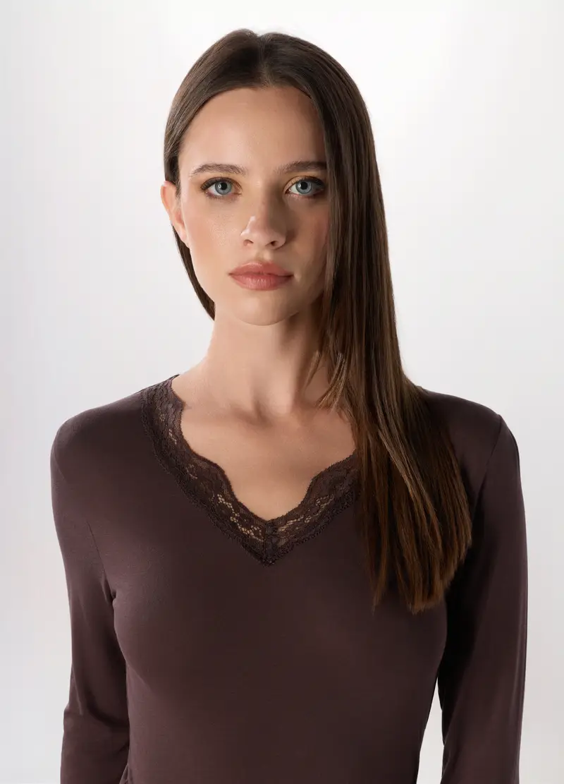 Maglietta Intima A Maniche Lunghe Donna, Marrone scuro miniatura 3