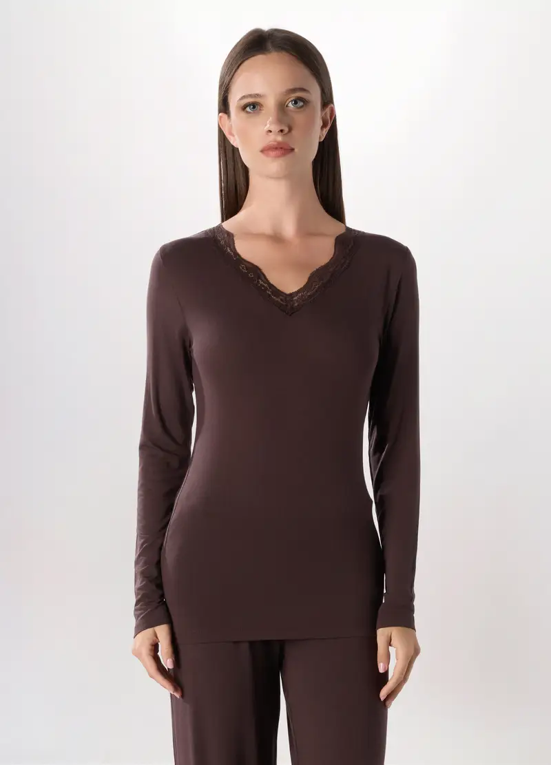 Maglietta Intima A Maniche Lunghe Donna, Marrone scuro