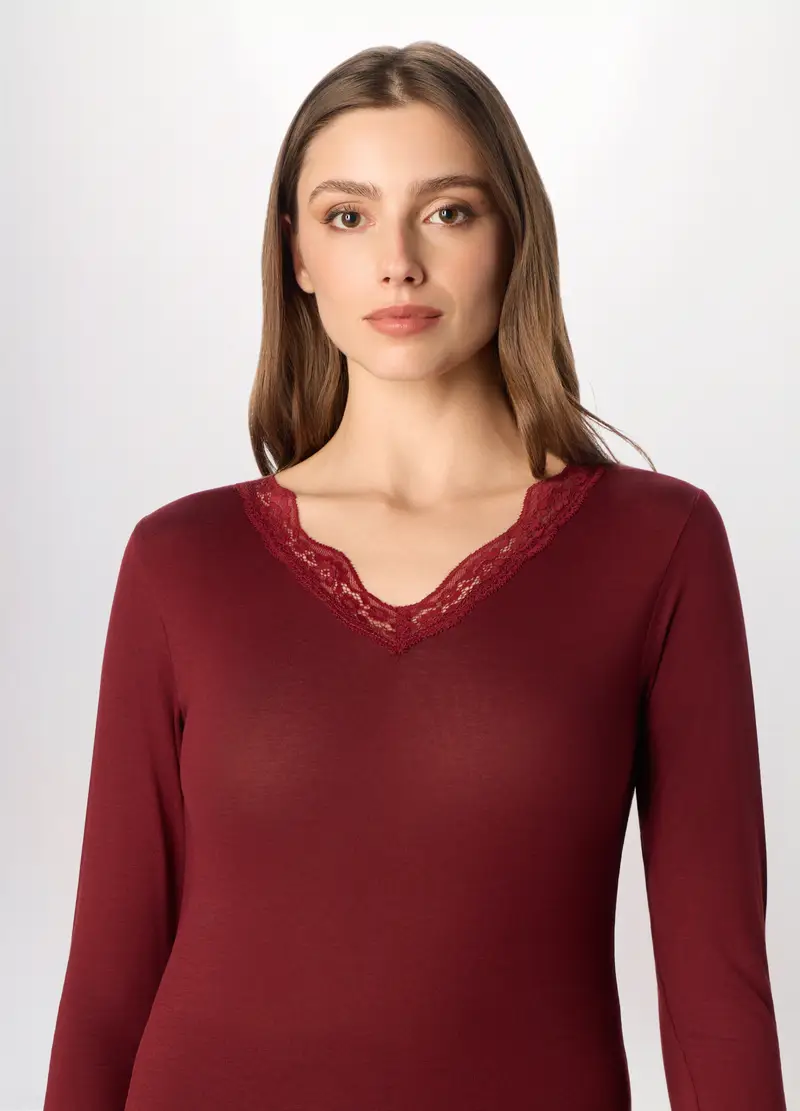 Maglietta Intima In Jersey Di Viscosa Stretch Donna, Rosso scuro miniatura 3