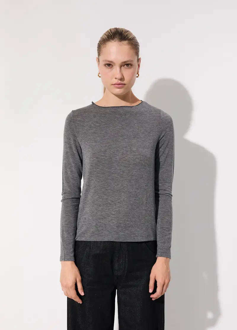 Maglietta Tricot A Maniche Lunghe In Misto Lana Donna, Unisex, Grigio melange miniatura 2