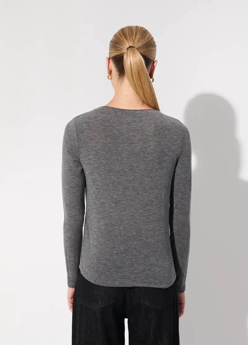 Maglietta Tricot A Maniche Lunghe In Misto Lana Donna, Unisex, Grigio melange miniatura 3