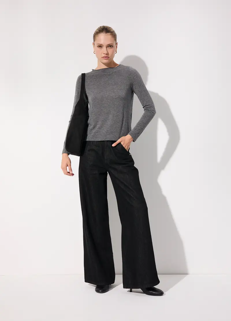 Maglietta Tricot A Maniche Lunghe In Misto Lana Donna, Unisex, Grigio melange