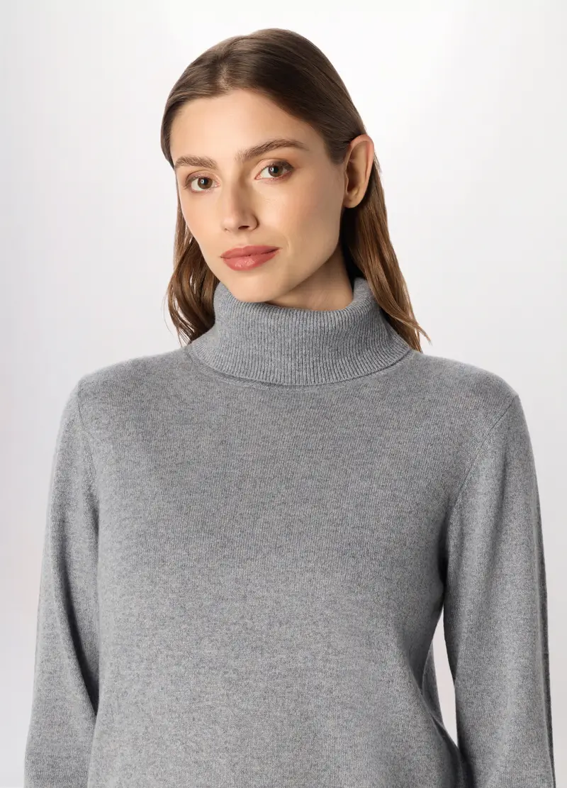 Maglione A Collo Alto In Puro Cashmere Donna, Grigio melange miniatura 3