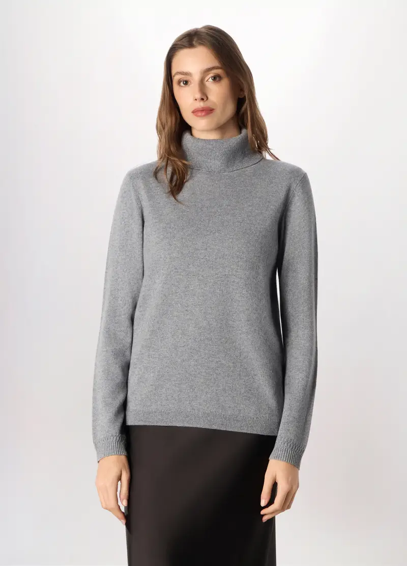 Maglione A Collo Alto In Puro Cashmere Donna, Grigio melange
