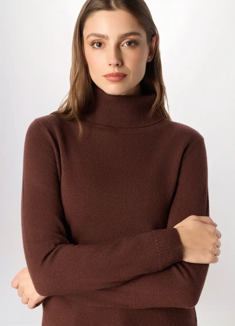 Maglione A Collo Alto In Puro Cashmere Donna, Marrone cioccolato miniatura 3