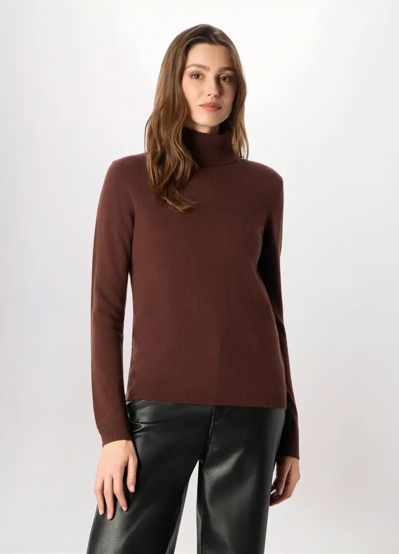 Maglione A Collo Alto In Puro Cashmere Donna, Marrone cioccolato